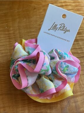 Lilly Pulitzer “Garden Home” Pink Yellow Floral Layered Ruffle Scrunchie Set